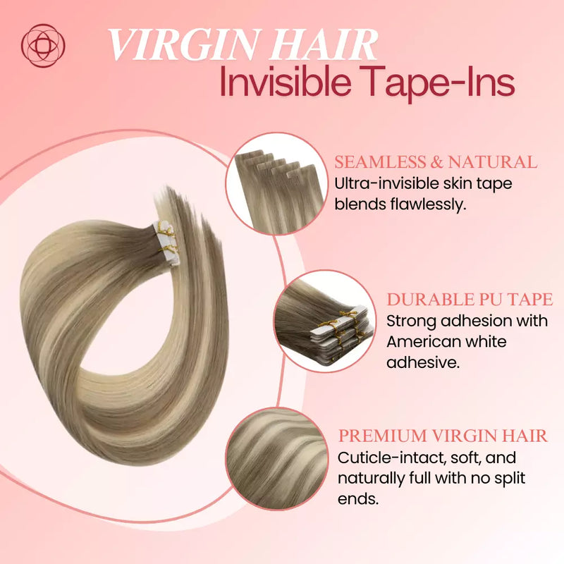Load image into Gallery viewer, Advertisement for Virgin Hair Invisible Tape-Ins with product details on a pink background
