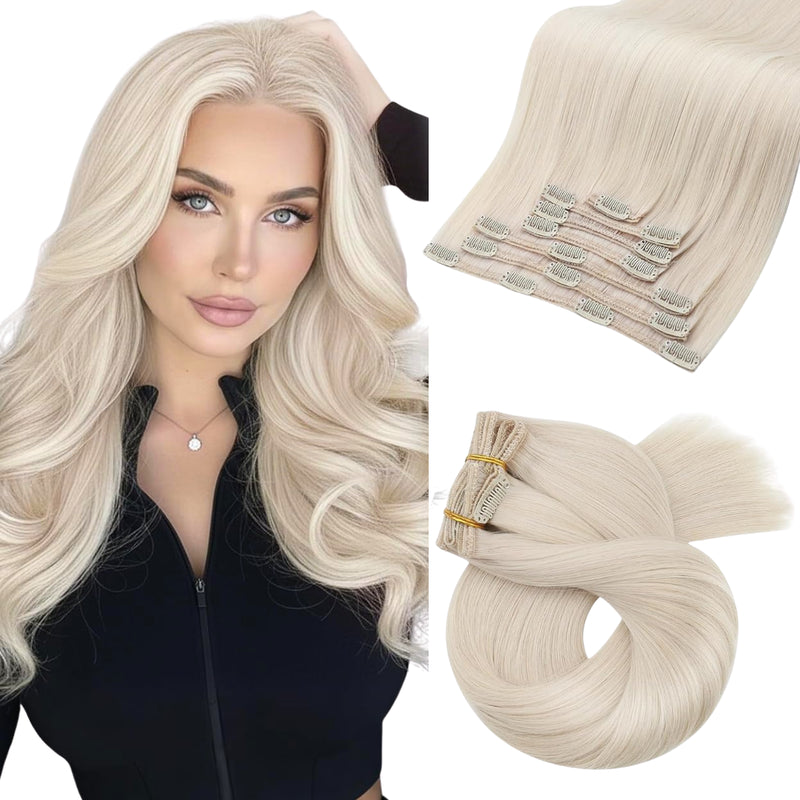 Load image into Gallery viewer, Woman with long blonde hair and hair extensions on a white background
