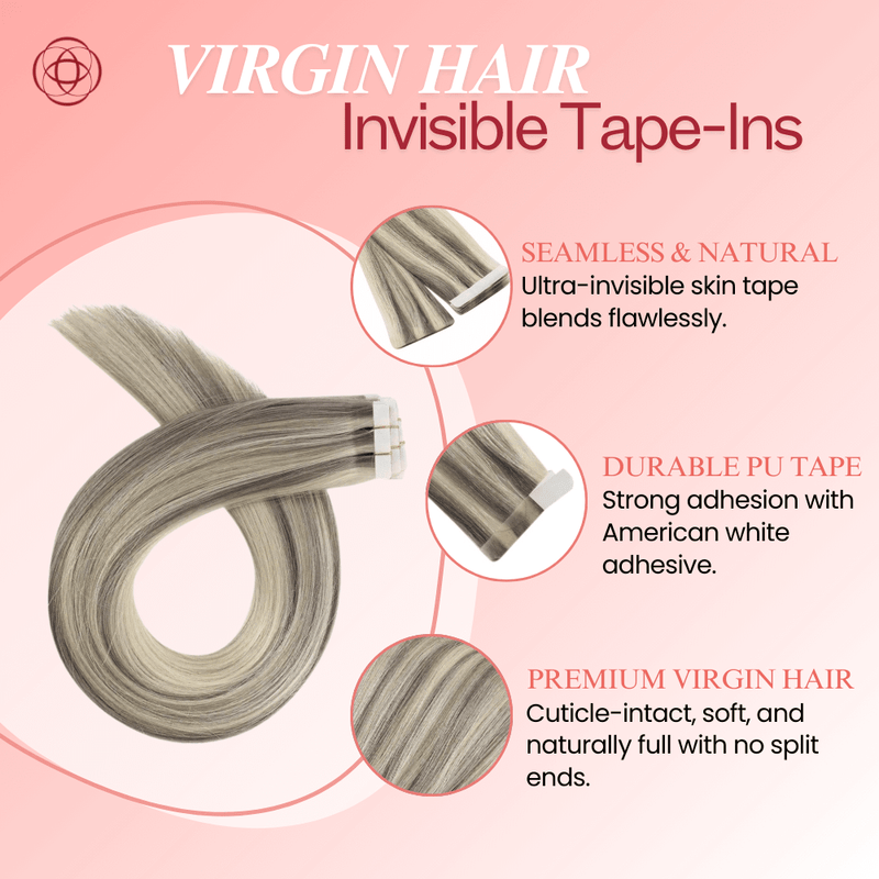 Load image into Gallery viewer, gray blonde highlights tape in hair extensions, 18-inch ash blonde highlights tape in, seamless tape in extensions with gray blonde highlights, high-quality light ash blonde extensions, 20-inch light gray blonde highlights tape in, invisible tape in extensions for blonde hair, 22-inch ash blonde highlights tape in, smooth light ash blonde tape in extensions
