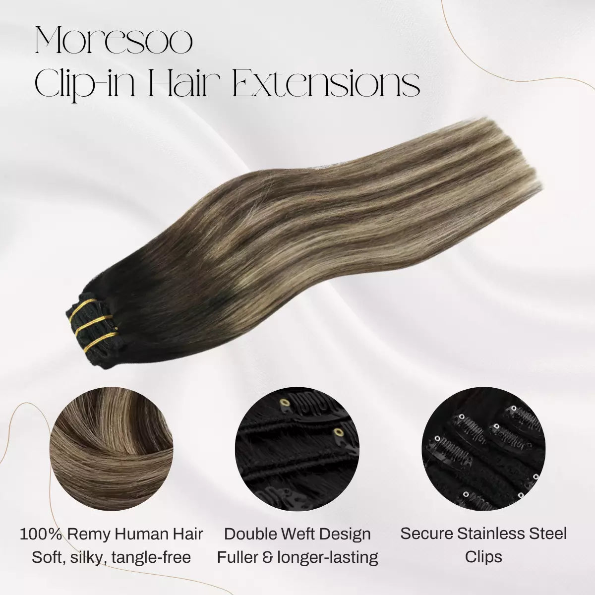 Double Weft Clip In Human Hair Balayage Brown Hair Extensions (#1B/3/27)