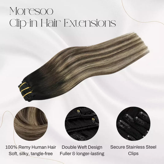 Double Weft Clip In Human Hair Balayage Brown Hair Extensions (#1B/3/27)