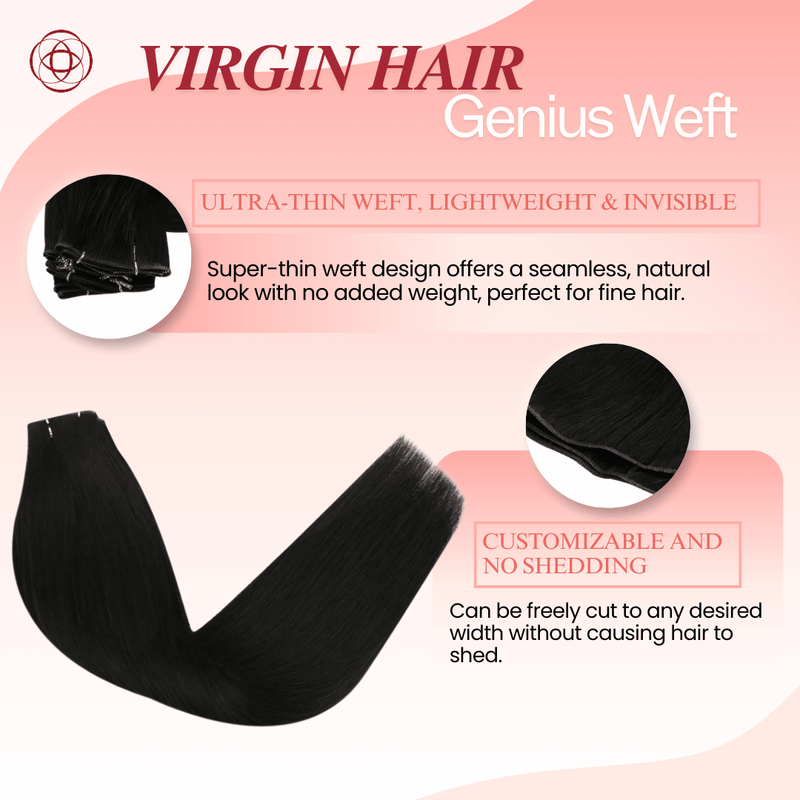 Load image into Gallery viewer, Genius Weft, seamless weft, invisible weft, ultra-thin weft, hand-tied look, no return hair, no scalp irritation, lightweight extensions, flexible weft, comfortable wear, natural blend, undetectable weft, durable extensions, no-shedding weft, fine hair extensions, thick hair extensions, volume boost
