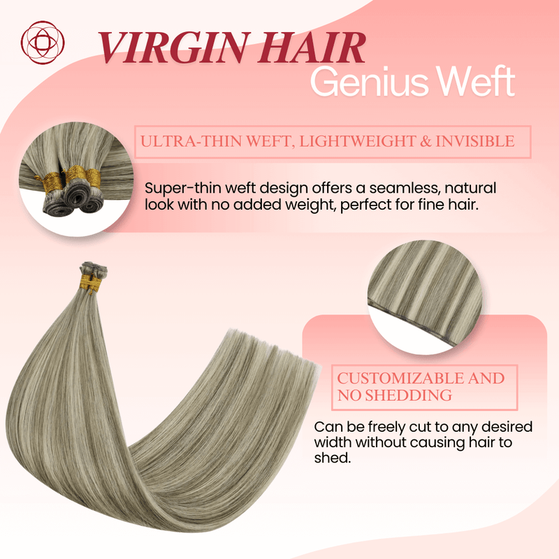 Load image into Gallery viewer, Genius Weft, seamless weft, invisible weft, ultra-thin weft, hand-tied look, no return hair, no scalp irritation, lightweight extensions, flexible weft, comfortable wear, natural blend, undetectable weft, durable extensions, no-shedding weft, fine hair extensions, thick hair extensions, volume boost, high-quality weft, flat weft, customizable weft, soft and smooth, easy maintenance, long-lasting extensions, professional hair weft, salon-quality extensions
