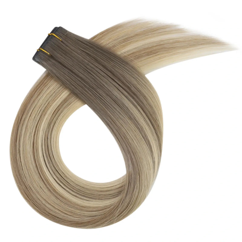 Load image into Gallery viewer, Moresoo medium brown to golden blonde hair extensions, 14-inch tape-ins, seamless ombre blend, natural golden blonde highlights, invisible extensions, luxurious balayage mix, salon-quality brown blonde blend, long-lasting adhesive, premium brown to blonde transitions, smooth ombre hair
