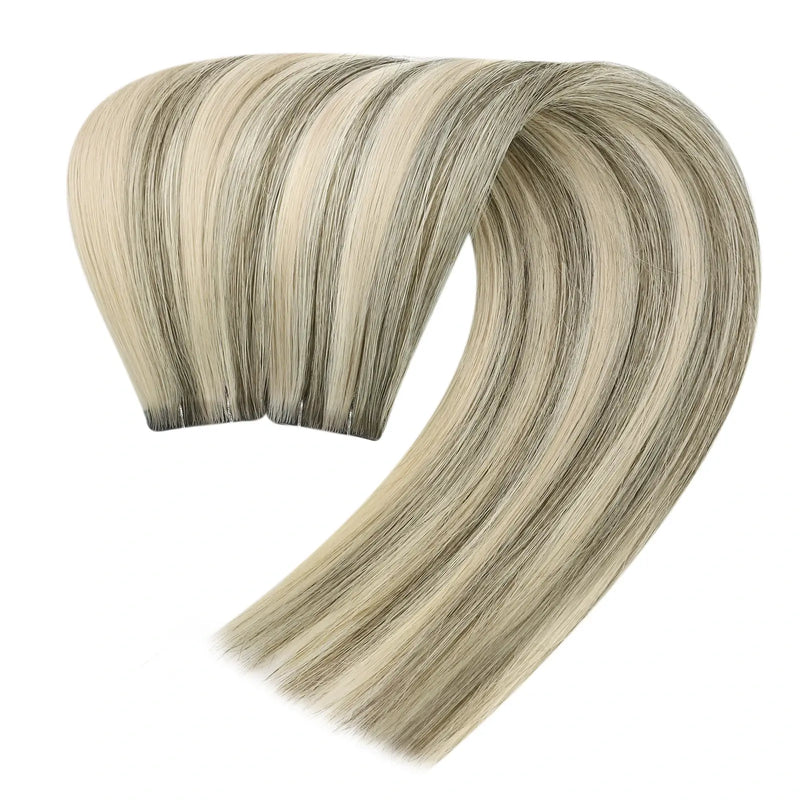 Load image into Gallery viewer, Moresoo silver blonde highlights tape-ins, 18-inch extensions, luxurious gray gold balayage, high-quality gray blonde hair, seamless ombre highlights, natural gray and gold mix, smooth silver blonde balayage, invisible tape-ins, salon-quality extensions, long-lasting adhesive extensions
