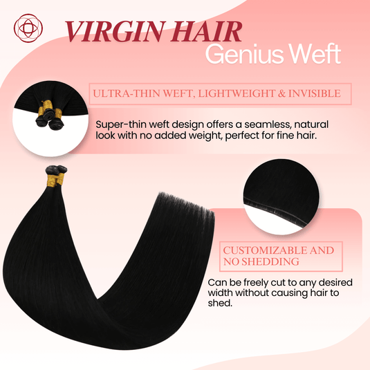 Genius Weft, seamless weft, invisible weft, ultra-thin weft, hand-tied look, no return hair, no scalp irritation, lightweight extensions, flexible weft, comfortable wear, natural blend, undetectable weft, durable extensions, no-shedding weft, fine hair extensions, thick hair extensions, volume boost, high-quality weft, flat weft, customizable weft, soft and smooth, easy maintenance, long-lasting extensions, professional hair weft, salon-quality extensions