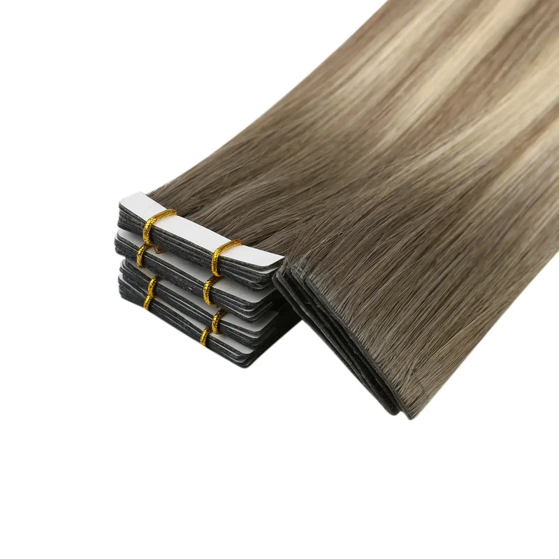 Load image into Gallery viewer, Moresoo dark brown to golden blonde ombre tape-ins, 18-inch extensions, seamless balayage mix, invisible tape-in extensions, high-quality golden blonde highlights, luxurious brown blonde blend, natural hair transitions, long-lasting adhesive, premium balayage extensions, salon-quality ombre
