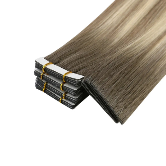 Moresoo dark brown to golden blonde ombre tape-ins, 18-inch extensions, seamless balayage mix, invisible tape-in extensions, high-quality golden blonde highlights, luxurious brown blonde blend, natural hair transitions, long-lasting adhesive, premium balayage extensions, salon-quality ombre