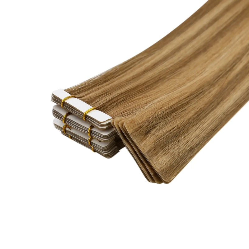 Load image into Gallery viewer, Moresoo honey blonde and brown ombre hair extensions, 18-inch seamless tape-ins, high-quality balayage, invisible tape-ins, luxurious honey blonde highlights, long-lasting adhesive extensions, salon-quality brown blonde mix, smooth transitions, premium ombre highlights
