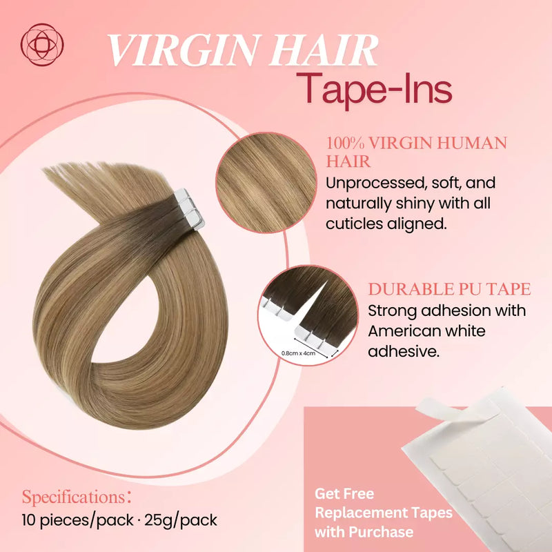 Load image into Gallery viewer, virgin tape in hair extension skin weft human Brazilian hair
tape in hair extensions thick end human hair human_hair_tape_in_extensions-hair_extensions_tape_in-Balayage-Brown

