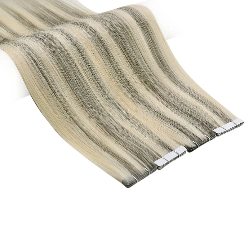 Load image into Gallery viewer, Moresoo gray and gold balayage tape-ins, 16-inch extensions, seamless gray blonde mix, high-quality balayage highlights, premium silver and blonde hair, natural gray gold blend, invisible tape-in extensions, luxurious gray blonde hair, smooth balayage ombre, salon-quality extensions
