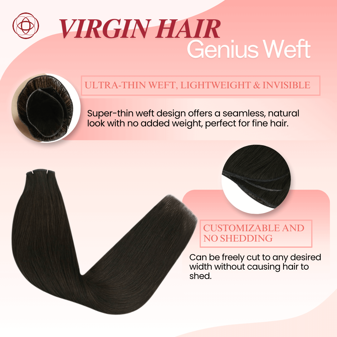 Genius Weft, seamless weft, invisible weft, ultra-thin weft, hand-tied look, no return hair, no scalp irritation, lightweight extensions, flexible weft, comfortable wear, natural blend, undetectable weft, durable extensions, no-shedding weft, fine hair extensions, thick hair extensions, volume boost