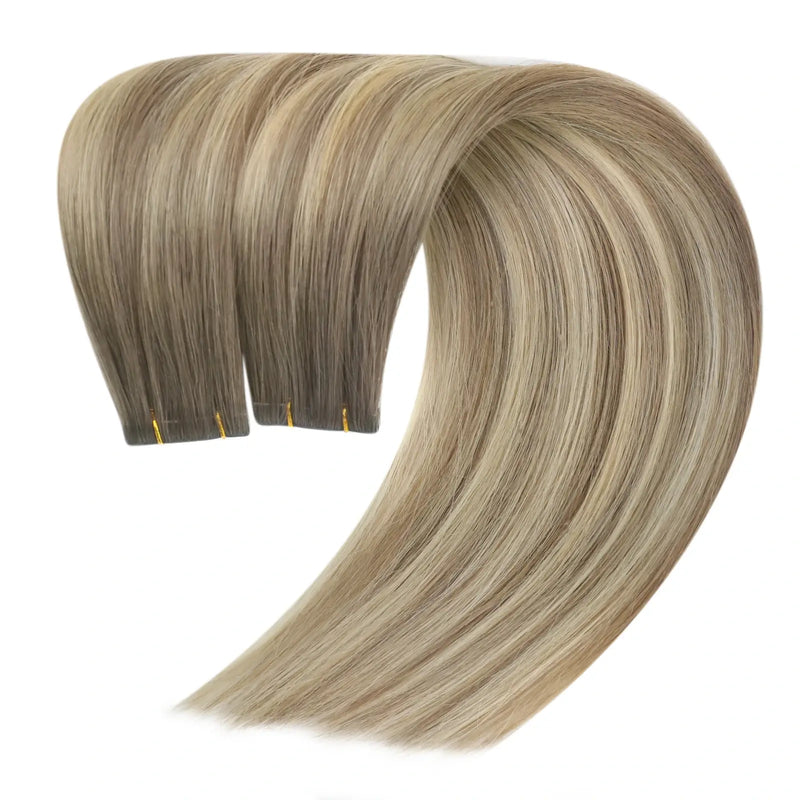 Load image into Gallery viewer, Moresoo brown to golden blonde balayage tape-ins, 16-inch extensions, seamless hair blend, high-quality golden blonde ombre, invisible extensions, luxurious brown blonde highlights, salon-quality balayage mix, long-lasting adhesive extensions, natural brown to blonde blend, smooth transitions
