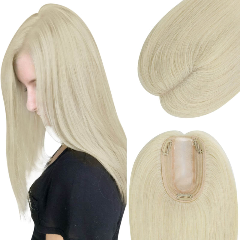 Load image into Gallery viewer, platinum blonde hair topper with a close-up of the base and a model wearing it.
