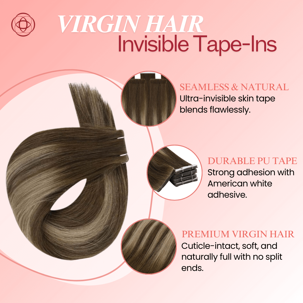 Moresoo medium brown balayage hair extensions, 16-inch balayage tape in extensions, invisible medium brown balayage extensions, premium medium brown balayage hair, salon-quality medium brown balayage tape ins from Moresoo, luxurious medium brown balayage tape in hair