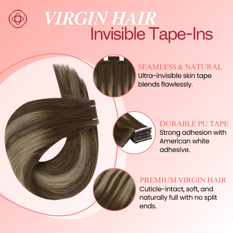 Load image into Gallery viewer, Moresoo medium brown balayage hair extensions, 16-inch balayage tape in extensions, invisible medium brown balayage extensions, premium medium brown balayage hair, salon-quality medium brown balayage tape ins from Moresoo, luxurious medium brown balayage tape in hair
