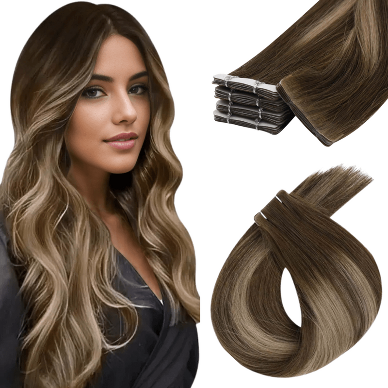 Load image into Gallery viewer, Moresoo medium brown balayage tape in extensions, high-quality medium brown balayage hair, invisible balayage tape in with medium brown shades, luxurious medium brown balayage hair by Moresoo, smooth medium brown balayage extensions, 14-inch medium brown balayage tape in
