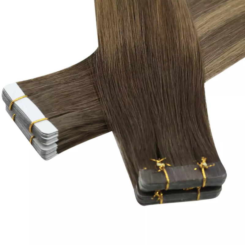 Load image into Gallery viewer, 40 piece tape in hair extensions-straight hair brown to blonde balayage-caramel honey blonde balayage-ashy blonde balayage-blonde balayage straight hair-platinum blonde balayage

