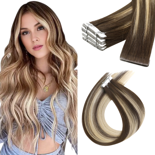 [New] Invisible Tape in Extensions Balayage Brown Virgin Hair (#4/8/4/22/800)