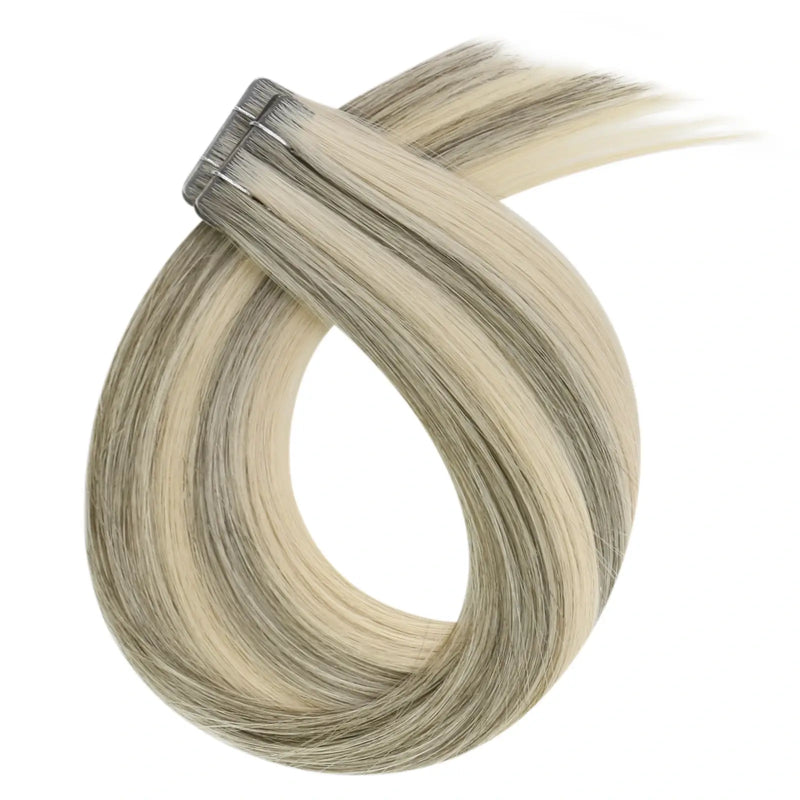 Load image into Gallery viewer, Moresoo gray to gold highlights extensions, 14-inch tape-ins, premium balayage hair, seamless silver blonde mix, natural gray and blonde blend, high-quality balayage highlights, luxurious ombre extensions, smooth gray and gold highlights, invisible tape-in extensions, salon-quality hair
