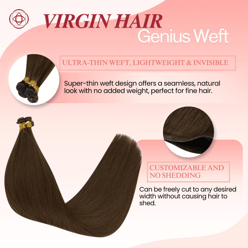 Load image into Gallery viewer, Genius Weft, seamless weft, invisible weft, ultra-thin weft, hand-tied look, no return hair, no scalp irritation, lightweight extensions, flexible weft, comfortable wear, natural blend, undetectable weft, durable extensions, no-shedding weft, fine hair extensions, thick hair extensions, volume boost
