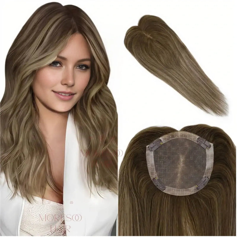 Load image into Gallery viewer, Moresoo Mono Topper Remy Human Hair Brown Hair Pieces 5&quot;*5&quot; Base (#4/27/4)
