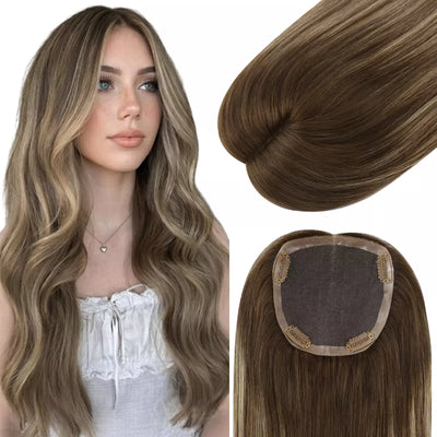 Long wavy brown hair extension shown on a model and as a close-up of the hair strands, with the underside and adhesive patch visible on a white background.