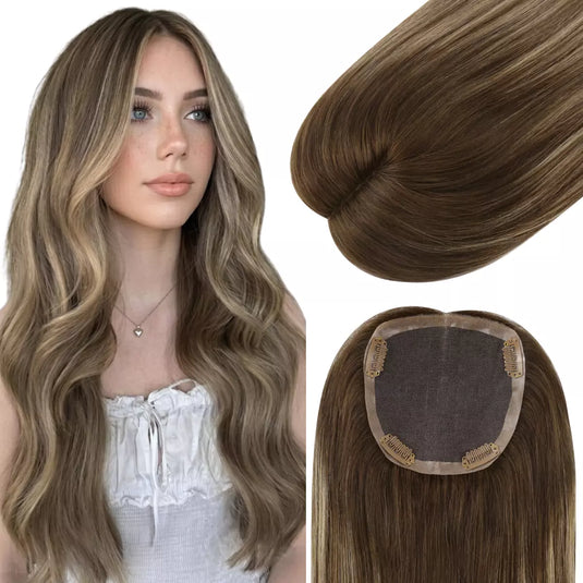 Long wavy brown hair extension shown on a model and as a close-up of the hair strands, with the underside and adhesive patch visible on a white background.