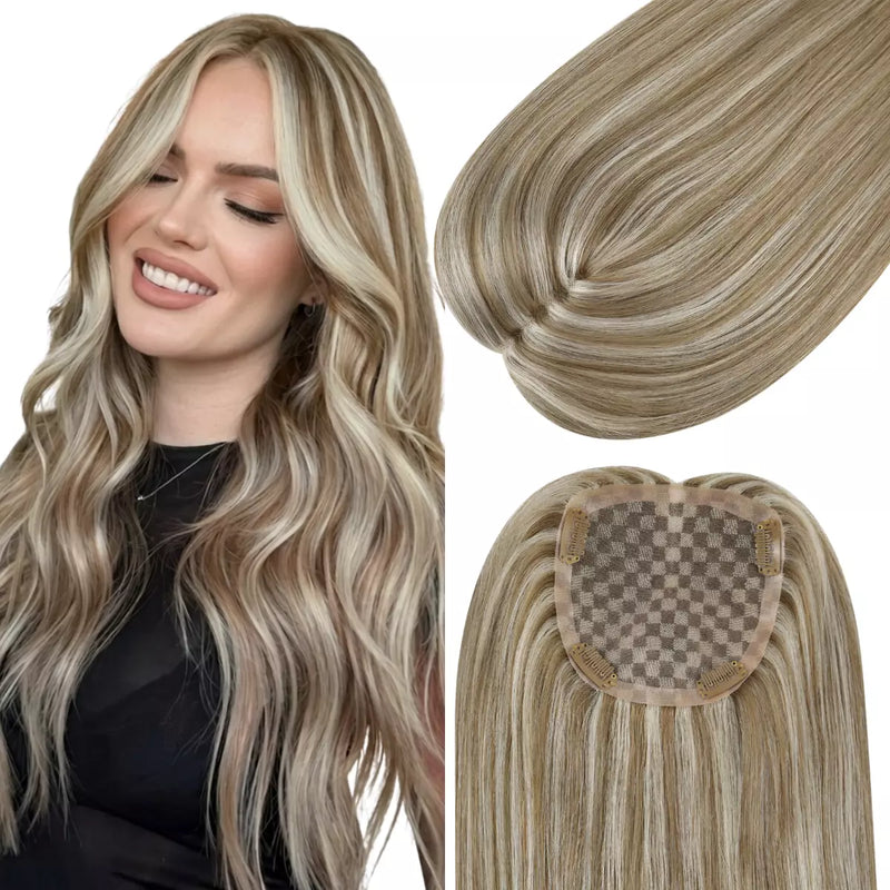 Load image into Gallery viewer, Long wavy blonde hair extension shown on a model and as a close-up of the hair strands, with the underside and adhesive patch visible on a white background.
