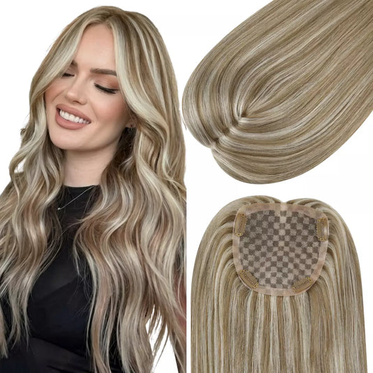 Long wavy blonde hair extension shown on a model and as a close-up of the hair strands, with the underside and adhesive patch visible on a white background.