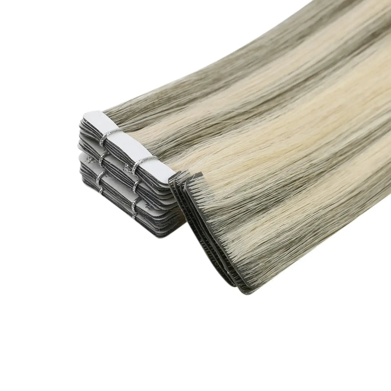 Load image into Gallery viewer, Moresoo gray blonde ombre hair, 14-inch tape-ins, premium silver blonde highlights, seamless gray and gold balayage, high-quality balayage extensions, natural silver gold mix, luxurious gray blonde extensions, smooth ombre highlights, invisible tape-in extensions, salon-quality extensions
