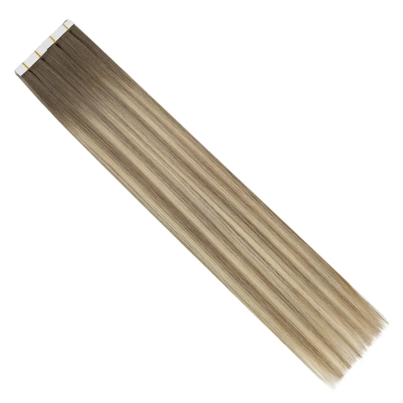 Load image into Gallery viewer, Moresoo medium brown to golden blonde balayage, 16-inch seamless tape-ins, natural brown to blonde transitions, high-quality golden blonde mix, invisible extensions, long-lasting adhesive, luxurious balayage highlights, premium brown blonde blend, salon-quality ombre hair, smooth golden blonde blend
