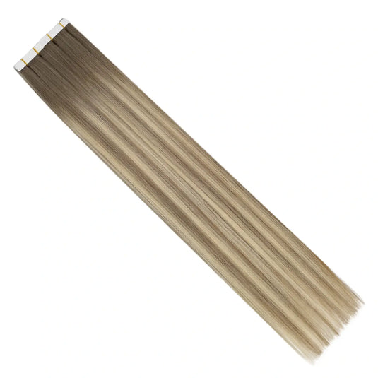 Moresoo medium brown to golden blonde balayage, 16-inch seamless tape-ins, natural brown to blonde transitions, high-quality golden blonde mix, invisible extensions, long-lasting adhesive, luxurious balayage highlights, premium brown blonde blend, salon-quality ombre hair, smooth golden blonde blend