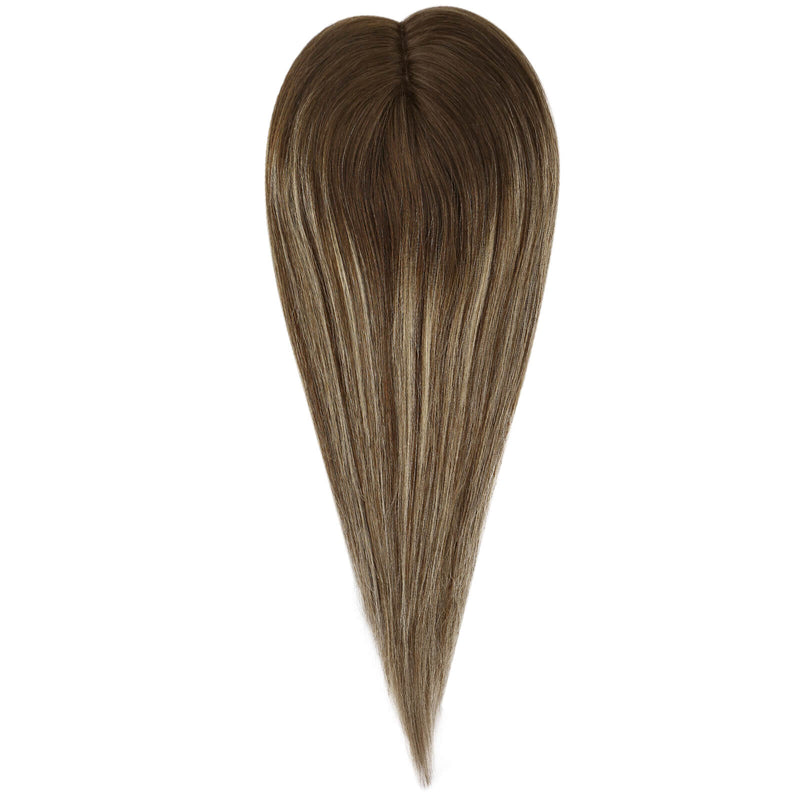 Load image into Gallery viewer, A hair piece with straight, sleek strands in a medium brown shade with subtle blonde highlights, shown against a plain white background.
