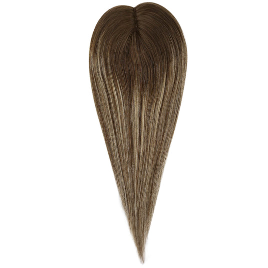 A hair piece with straight, sleek strands in a medium brown shade with subtle blonde highlights, shown against a plain white background.