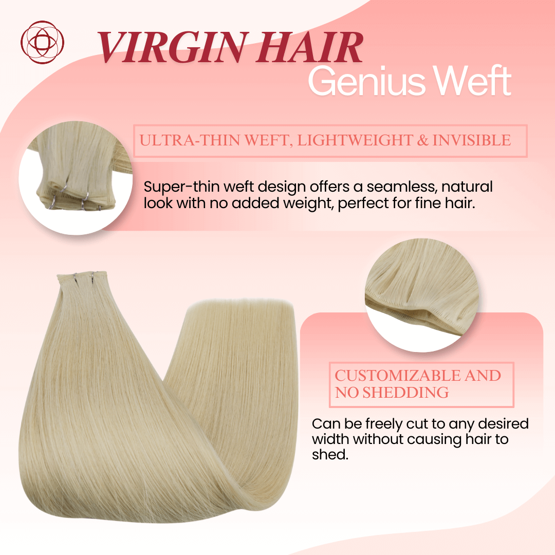 Genius Weft, seamless weft, invisible weft, ultra-thin weft, hand-tied look, no return hair, no scalp irritation, lightweight extensions, flexible weft, comfortable wear, natural blend, undetectable weft, durable extensions, no-shedding weft, fine hair extensions, thick hair extensions, volume boost