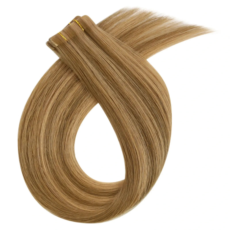 Load image into Gallery viewer, Moresoo honey blonde to brown balayage, 16-inch tape-ins, high-quality balayage mix, seamless transitions, invisible tape-in extensions, luxurious honey blonde highlights, long-lasting adhesive, natural brown to blonde blend, premium ombre hair, salon-quality extensions
