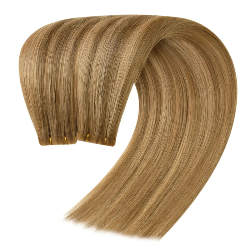 Load image into Gallery viewer, Moresoo brown to honey blonde balayage tape-ins, 14-inch seamless extensions, luxurious honey blonde highlights, high-quality ombre hair, invisible tape-in extensions, long-lasting adhesive, salon-quality balayage hair, smooth brown to blonde transitions

