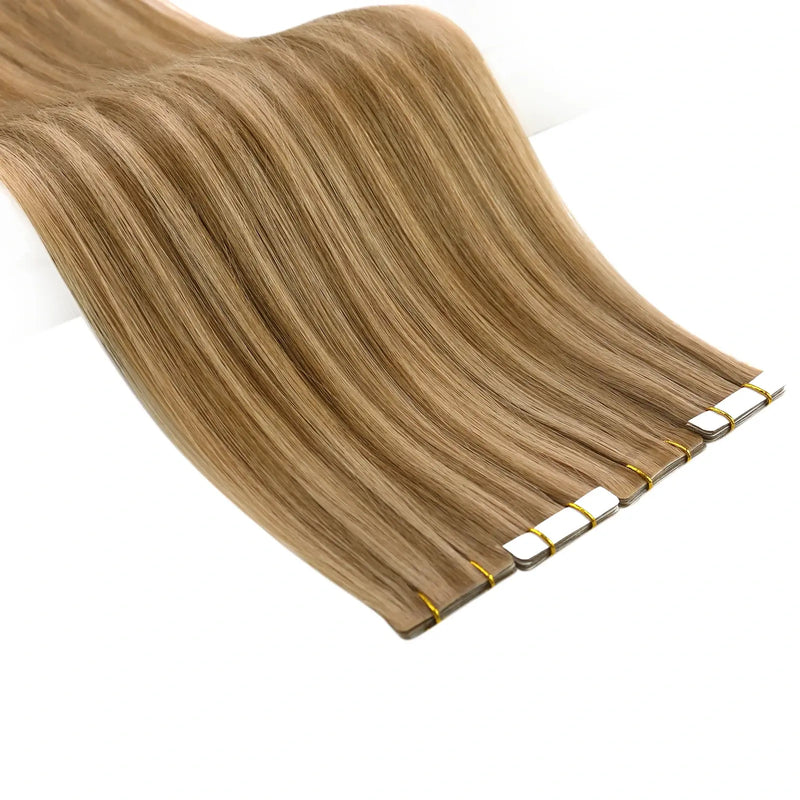Load image into Gallery viewer, Moresoo brown to honey blonde ombre tape-ins, 14-inch seamless extensions, natural balayage mix, high-quality honey blonde highlights, invisible extensions, luxurious brown to blonde transitions, long-lasting adhesive, salon-quality balayage, smooth honey blonde blend
