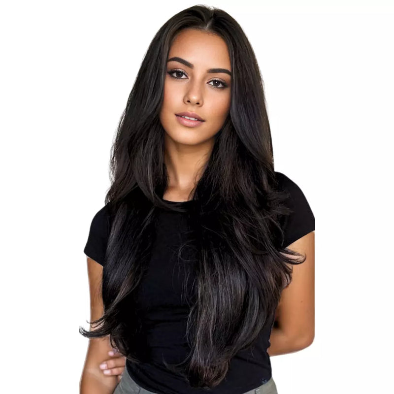 Load image into Gallery viewer, Woman with long black hair wearing a black topper on a white background
