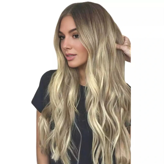 Woman with long, wavy blonde hair topper on a white background