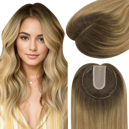 Blonde virgin hair fishnet hair topper with a close-up of the product and a model wearing it.