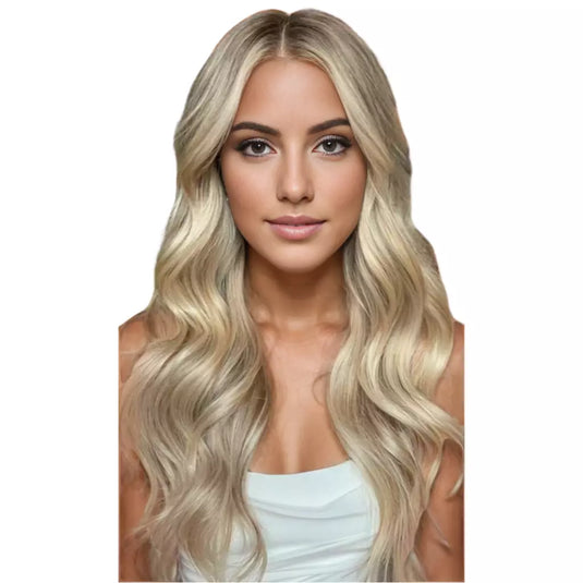 Woman with styled hair and close-up of a blonde highlights hair topper on a white background