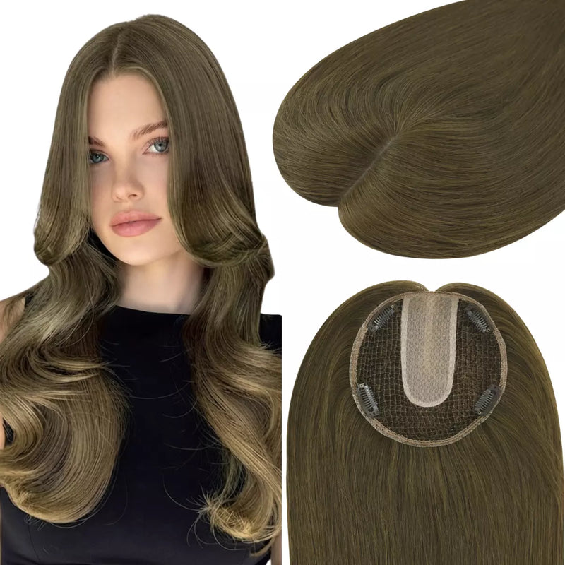 Load image into Gallery viewer, A wavy, shoulder-length brown hair extension piece shown on a model's hair, alongside two close-up views of the hair texture and the underside with adhesive tabs.
