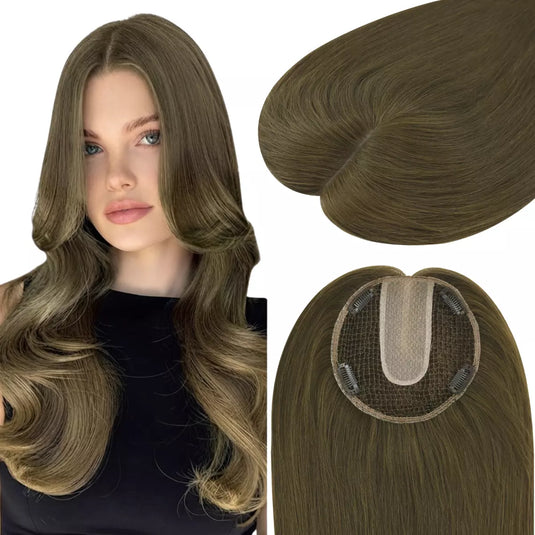A wavy, shoulder-length brown hair extension piece shown on a model's hair, alongside two close-up views of the hair texture and the underside with adhesive tabs.