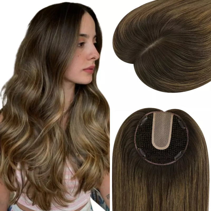 Load image into Gallery viewer, Woman with styled hair and close-up of a brown hair topper on a white background
