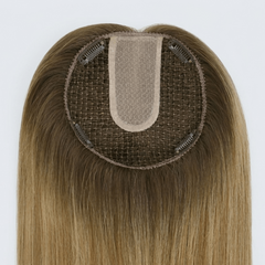 Brown hairpiece with a mesh base on a white background