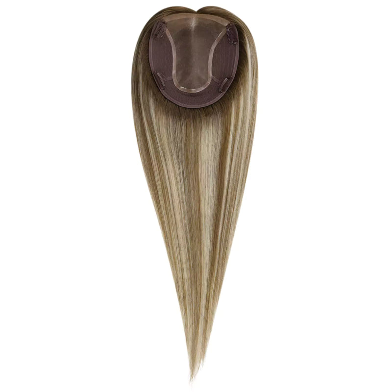 Load image into Gallery viewer, Moresoo balayage brown with blonde highlights virgin hair topper on a white background
