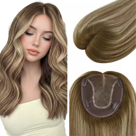 A hairpiece extension shown on a model with long wavy blonde-brown hair, alongside close-up views of the hair texture and the underside with attachment clips. The product being sold is the hairpiece, not the model's hair or clothing.