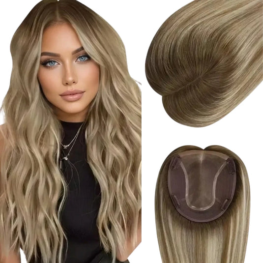 A hairpiece extension shown on a model with long wavy blonde-brown hair, alongside close-up views of the hair texture and the underside with attachment clips. The product being sold is the hairpiece, not the model's hair or clothing.